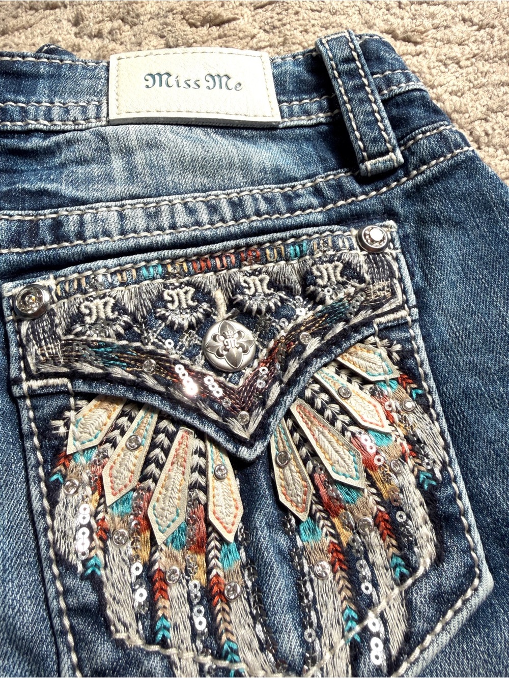 Miss Me Shorts 26 Denim Blue Jean Y2k Rhinestone Embellished Midi angel wing - Picture 2 of 10